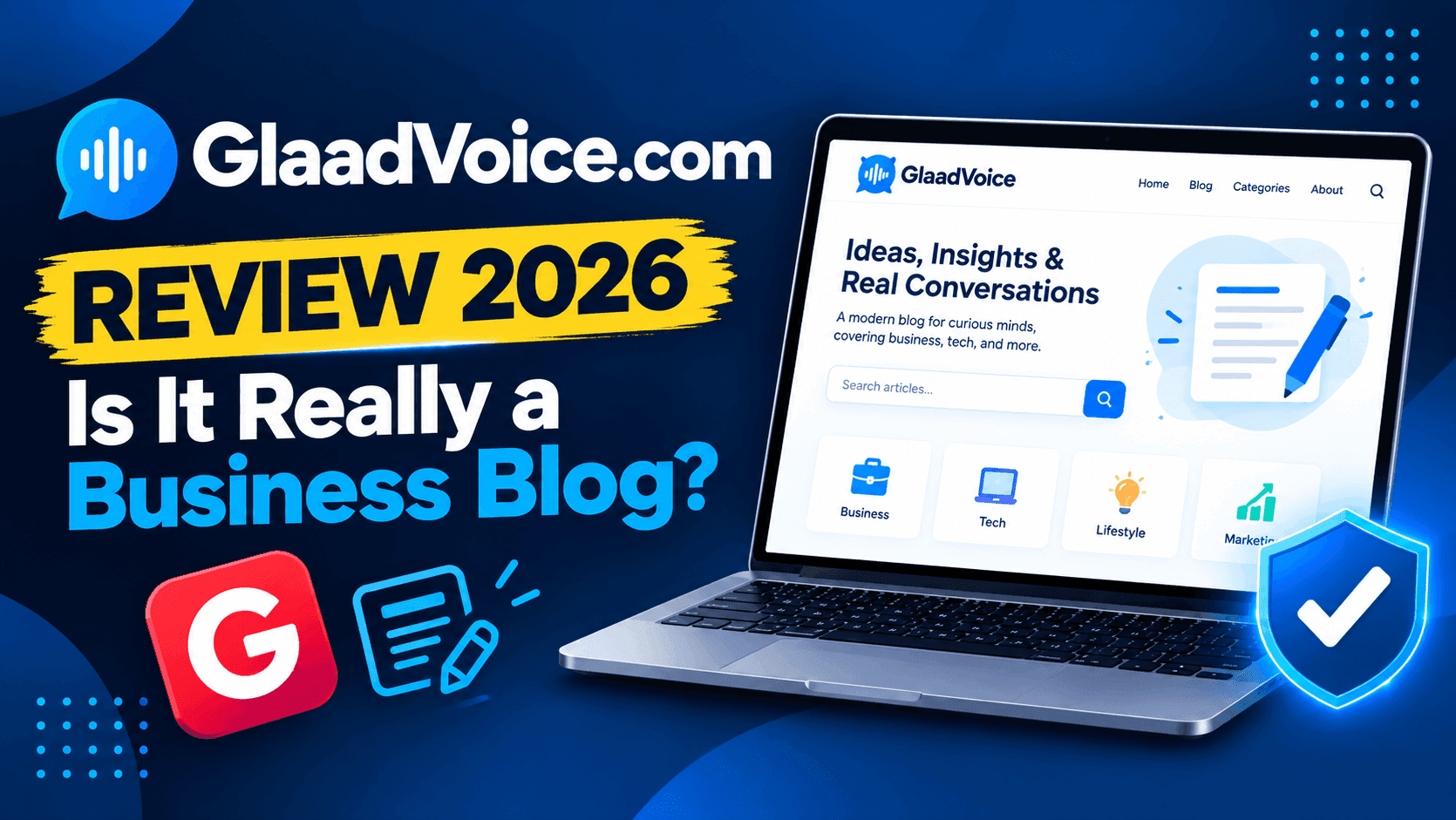 GlaadVoice.com Review 2026 – business blog website displayed on a laptop