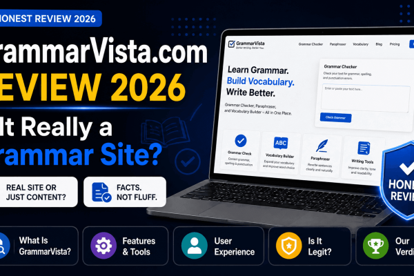 GrammarVista.com Review 2026 showing its grammar checker, writing tools, and honest review verdict