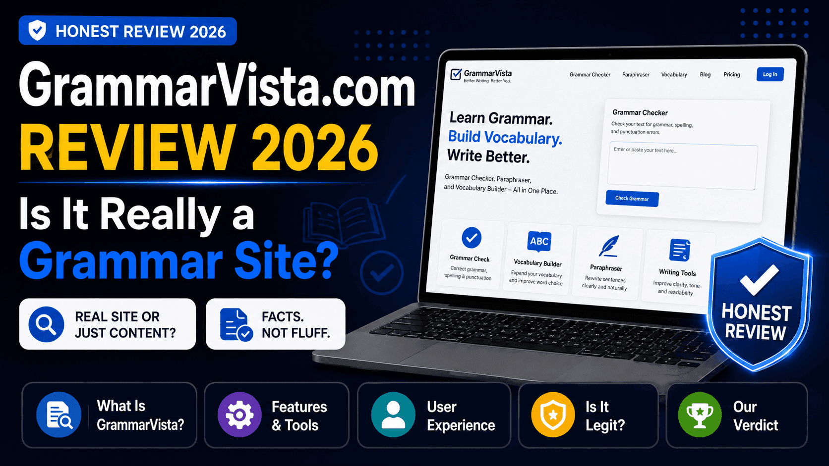 GrammarVista.com Review 2026 showing its grammar checker, writing tools, and honest review verdict