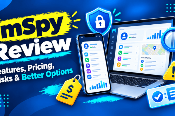mSpy review showing its features, pricing, privacy risks, and better alternatives on a laptop and smartphone