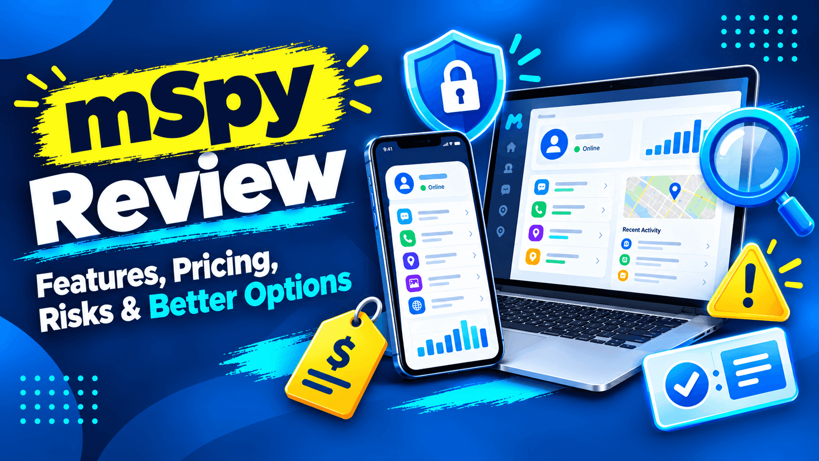 mSpy review showing its features, pricing, privacy risks, and better alternatives on a laptop and smartphone